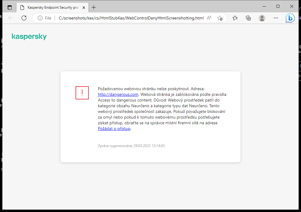 Upozornění aplikace Kaspersky na zablokování přístupu na webovou stránku v okně prohlížeče. Uživatel může vytvořit požadavek na přístup k webovému prostředku.