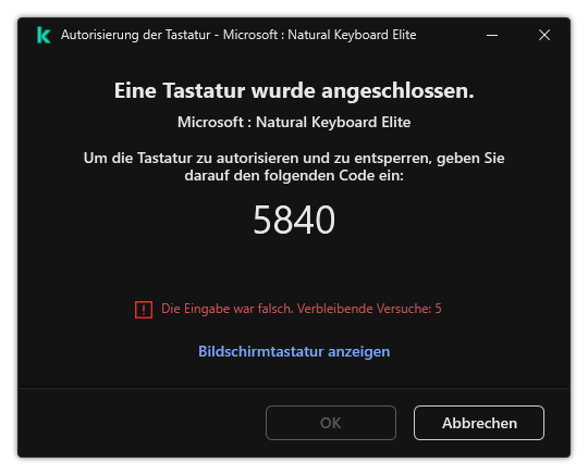 Das Fenster mit einem Autorisierungscode für die Tastatur. Der Benutzer kann die Bildschirmtastatur aktivieren und den Code eingeben.