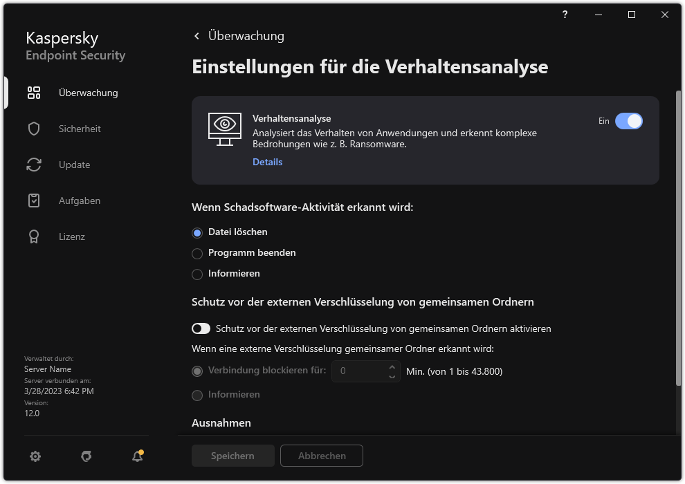 Fenster mit den Einstellungen der Verhaltensanalyse.