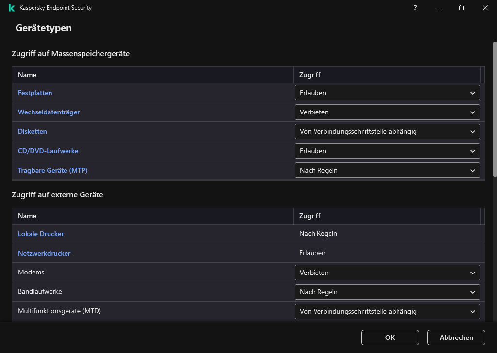 Fenster zum Konfigurieren des Zugriffs auf Geräte. Der Benutzer kann den Zugriff auf Geräte konfigurieren und zusätzliche Zugriffseinstellungen festlegen, z. B. einen Zugriffszeitplan.