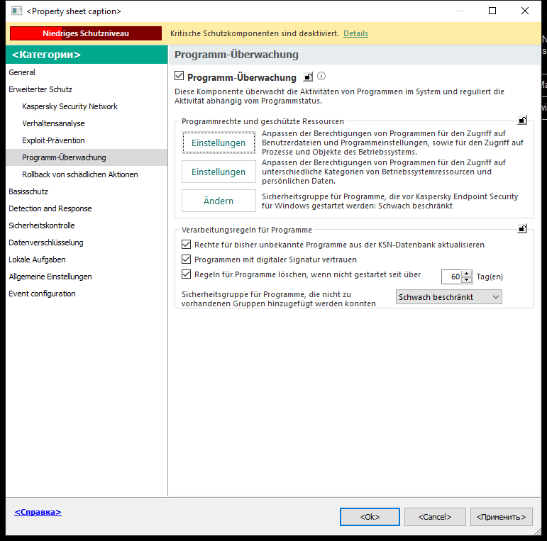 Fenster &bdquo;Einstellungen der Programm-Überwachung&ldquo;.