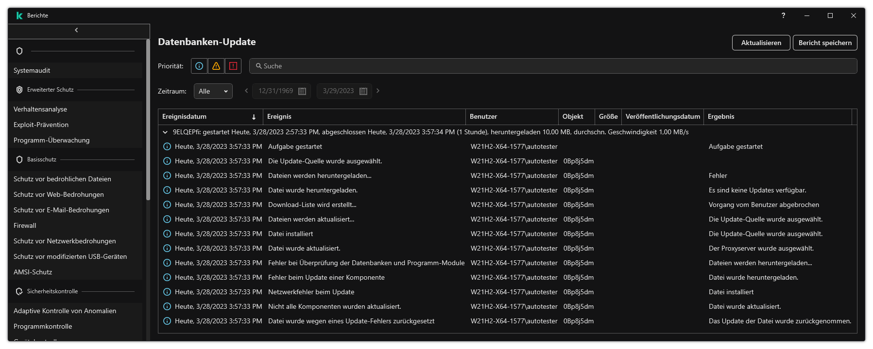 Ein Fenster mit der Ereignisliste im Bericht. Der Benutzer kann Ereignisse filtern bzw. sortieren und Berichte in einer Datei speichern.
