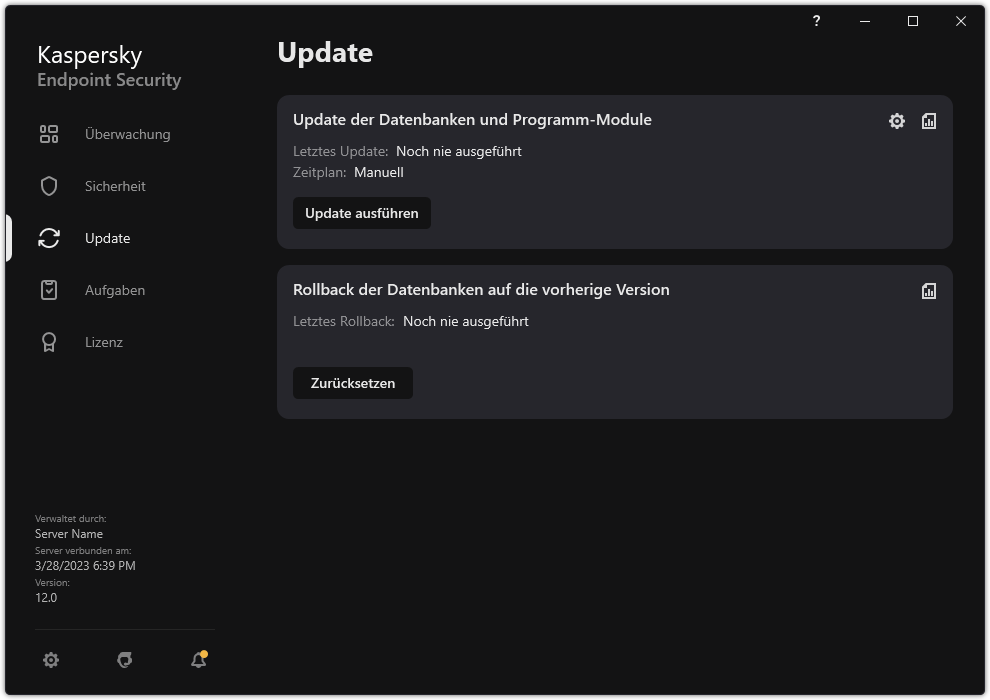 Ein Fenster mit der Liste der lokalen Update-Aufgaben. Der Benutzer kann das Update der Datenbanken und Programm-Module starten oder das letzte Update rückgängig machen.