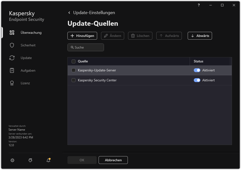 Ein Fenster mit einer Liste der Update-Quellen. Der Benutzer kann Update-Quellen hinzufügen und jeder Quelle eine Priorität zuweisen.