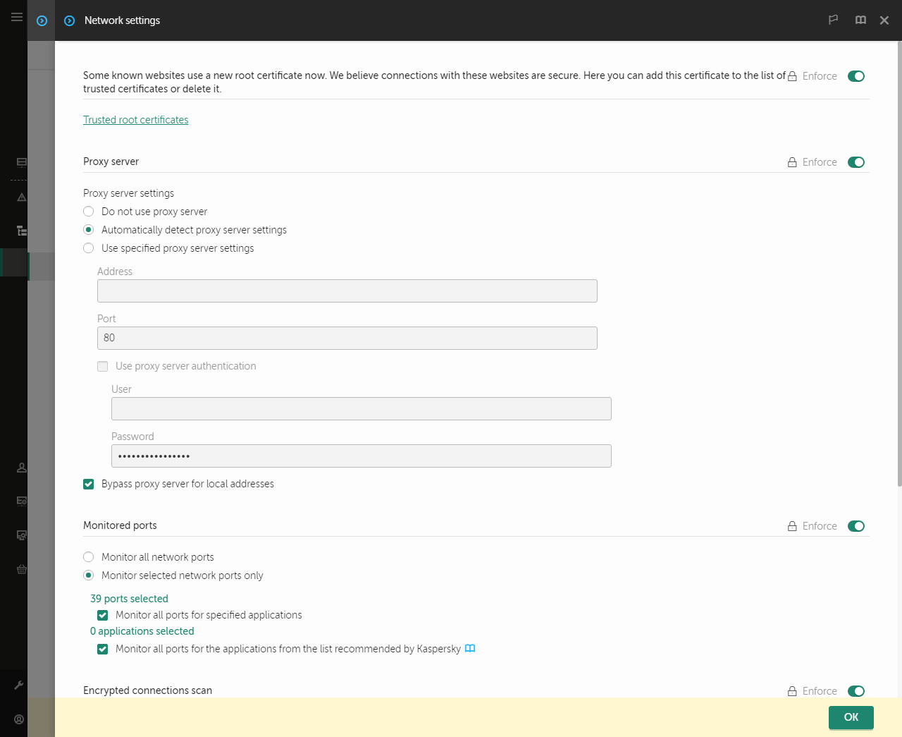 Application network settings window. The user can configure proxy server settings.