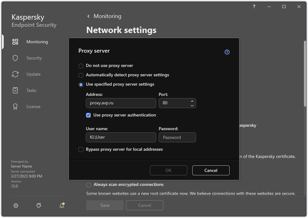 The window for configuring proxy server connection. The user can set the address of the proxy server and credentials for connecting to the proxy server.
