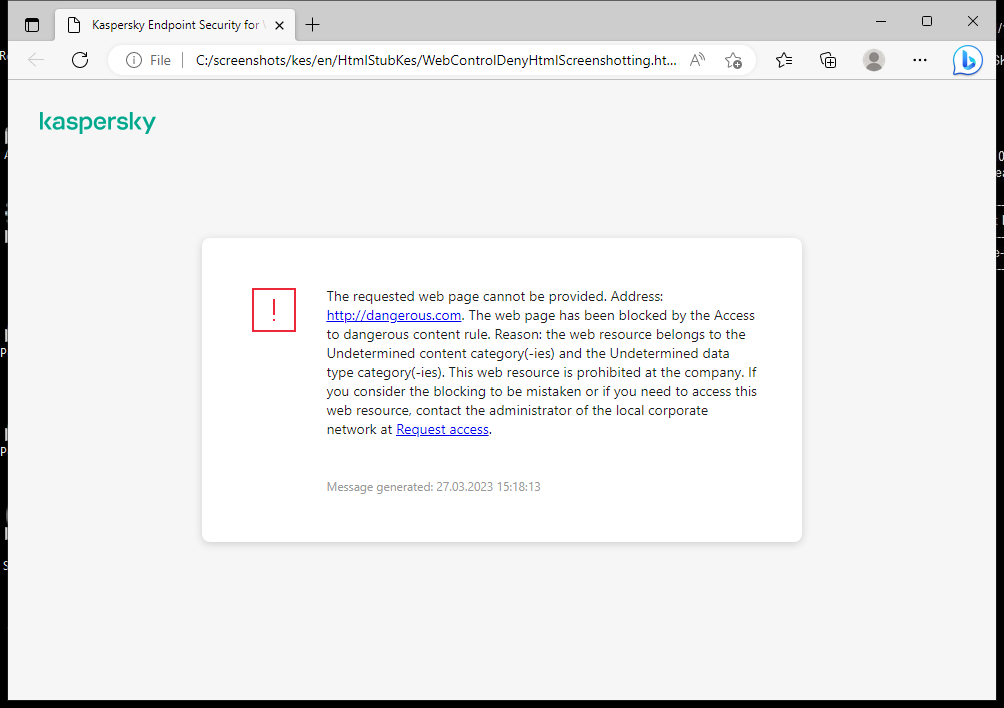 Kaspersky notification about blocking access to the web page in the browser window. The user can create a request to access the web resource.
