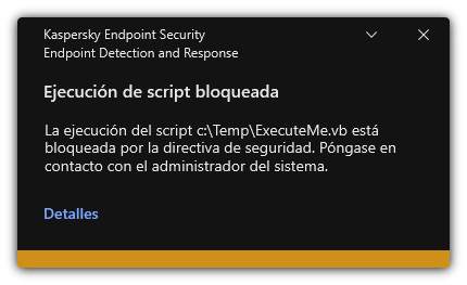 Notificación sobre ejecución de script bloqueada. El usuario puede ver información detallada sobre la regla.