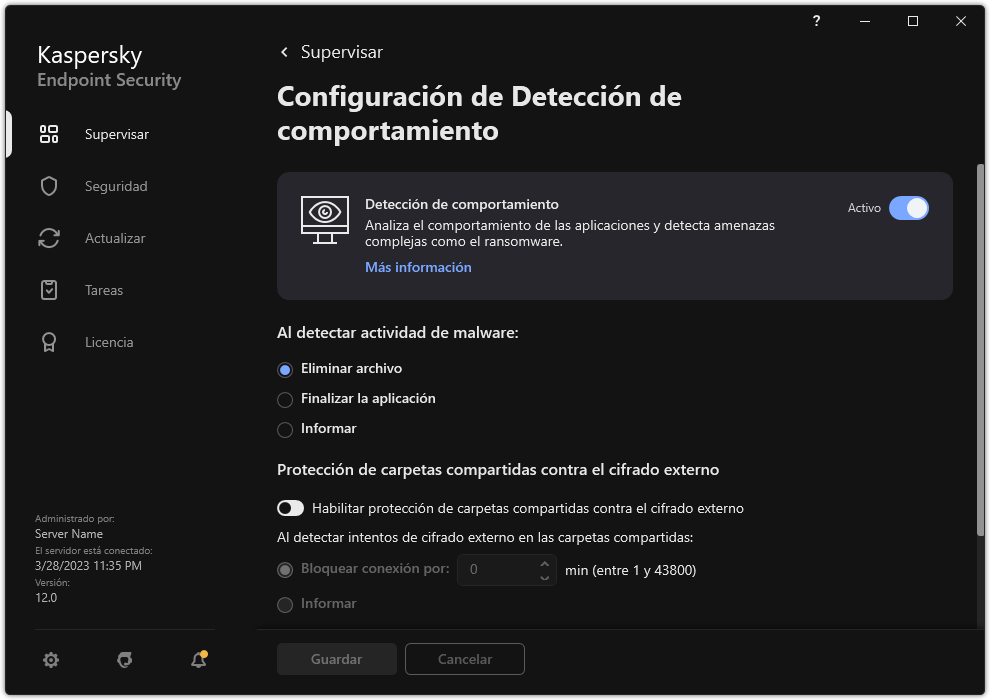 Ventana de configuración de Detección de comportamiento.