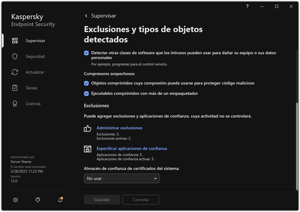 Ventana Configuración de exclusiones. El usuario puede agregar exclusiones y aplicaciones de confianza.