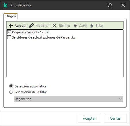 Una ventana con la lista de orígenes de actualizaciones. El usuario puede agregar orígenes de actualizaciones y asignar una prioridad a la fuente.
