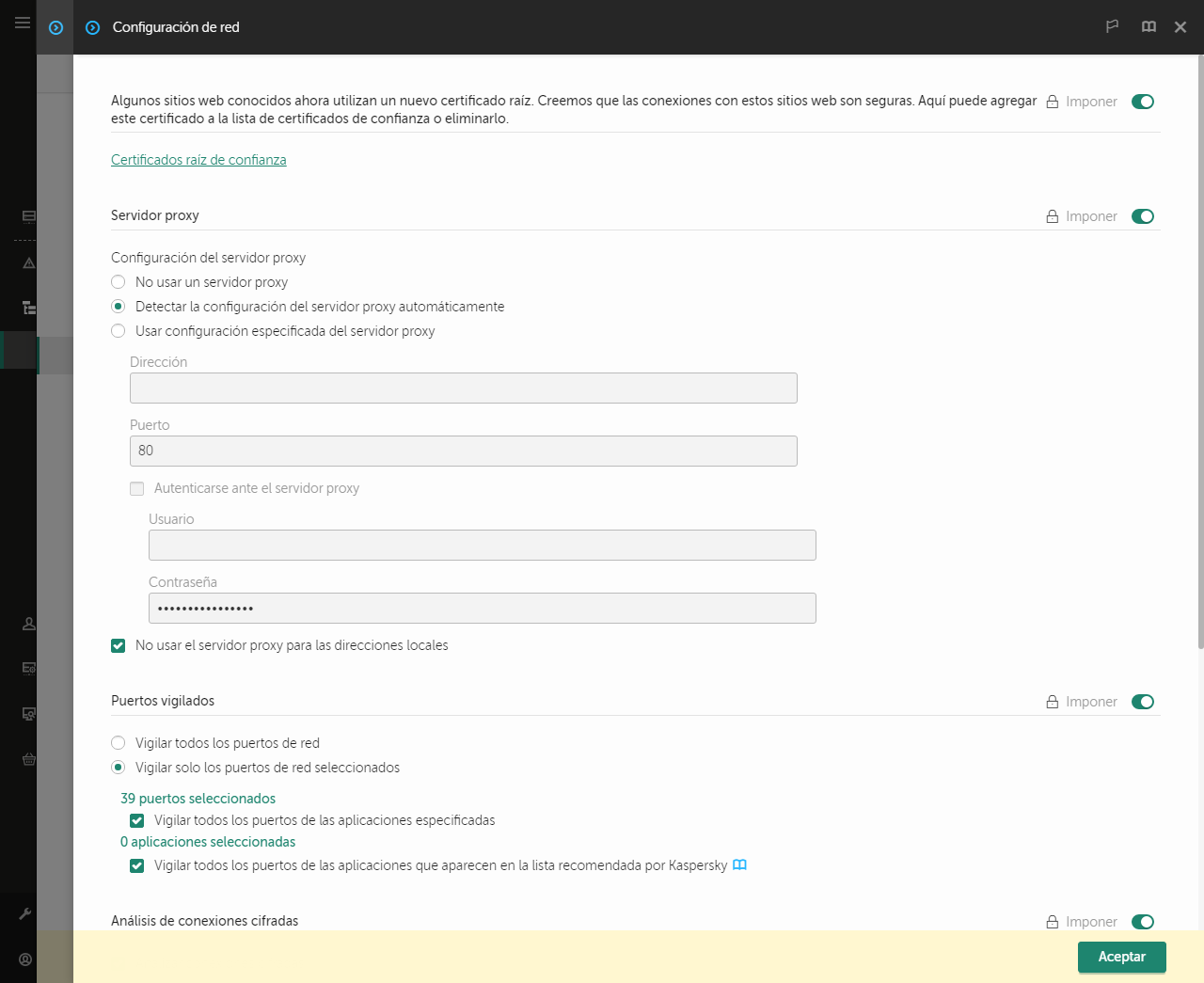 Ventana Configuración de red de la aplicación. El usuario puede configurar el servidor proxy.