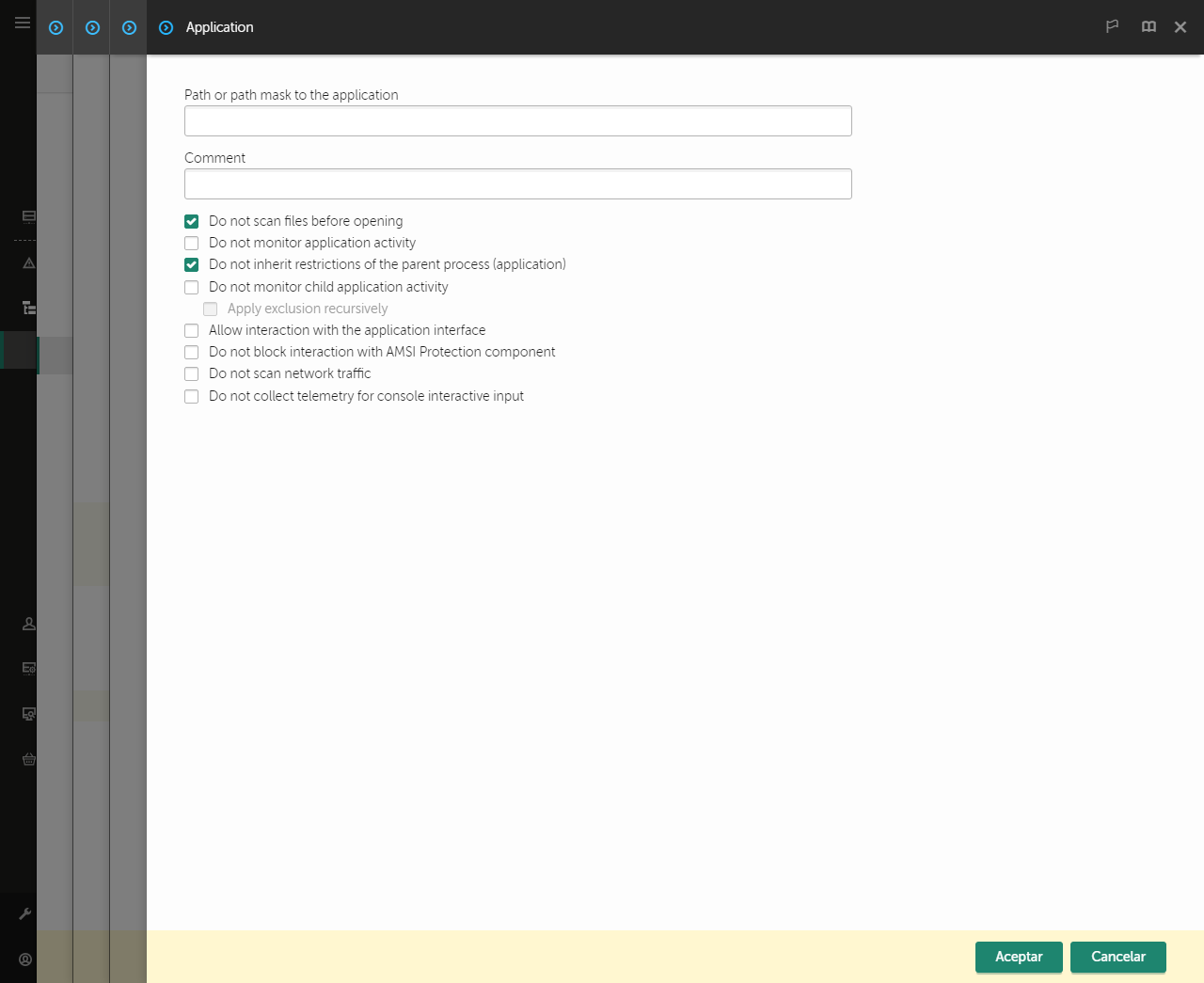 Una ventana con un campo para ingresar la ruta a la aplicación de confianza. Se pueden usar máscaras.