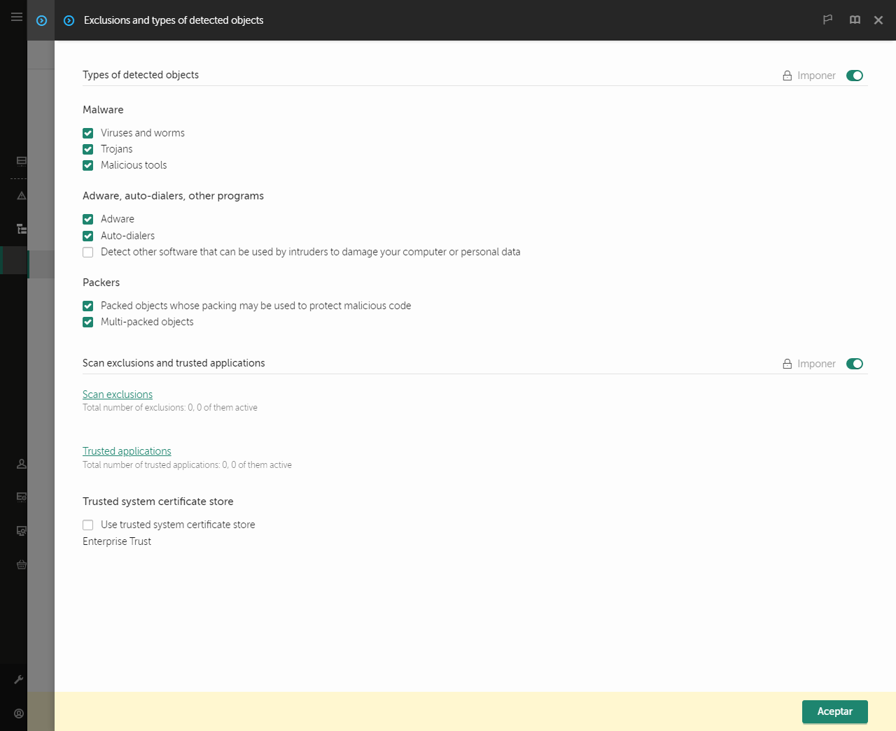 Ventana Configuración de exclusiones. El usuario puede agregar exclusiones y aplicaciones de confianza.