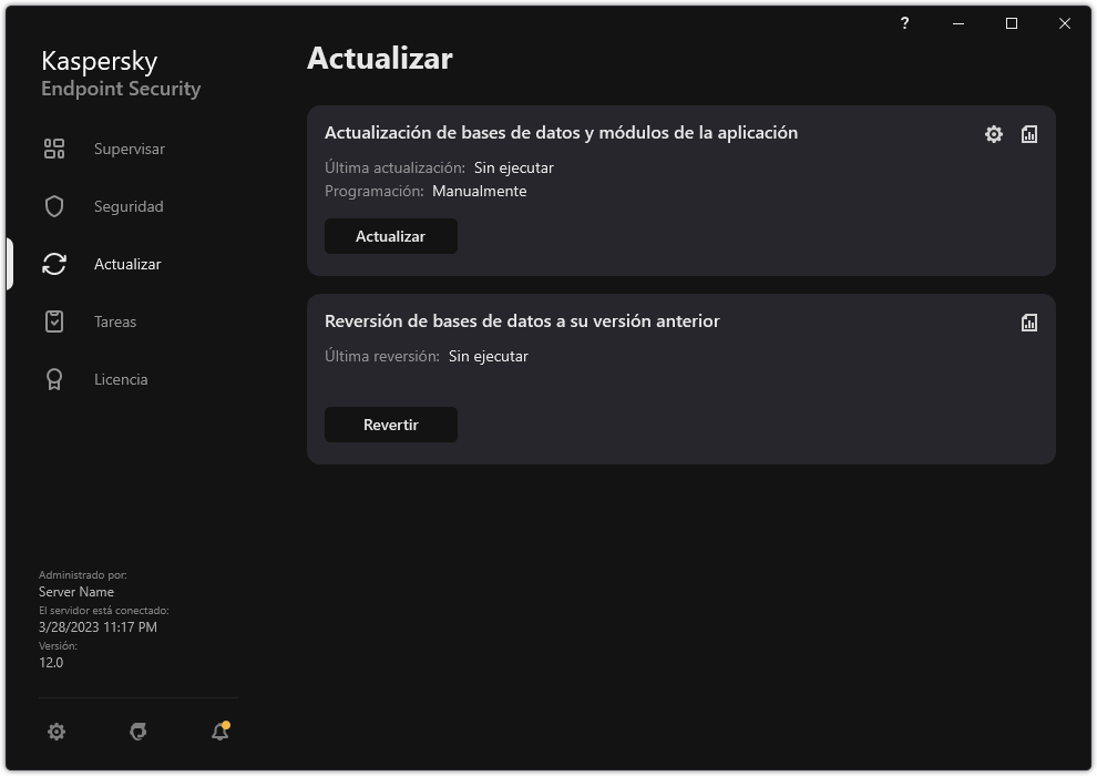 Una ventana con la lista de tareas de actualización local. El usuario puede iniciar la actualización de bases de datos y módulos de la aplicación, así como revertir la última actualización.