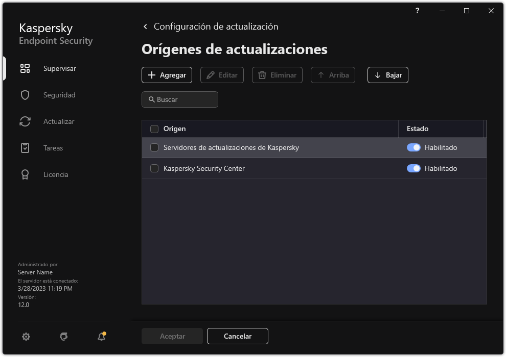 Una ventana con la lista de orígenes de actualizaciones. El usuario puede agregar orígenes de actualizaciones y asignar una prioridad a la fuente.