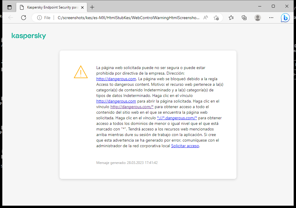 Notificación de Kaspersky sobre la visita a una página web posiblemente insegura en la ventana del navegador. El usuario puede crear una solicitud para acceder al recurso web.