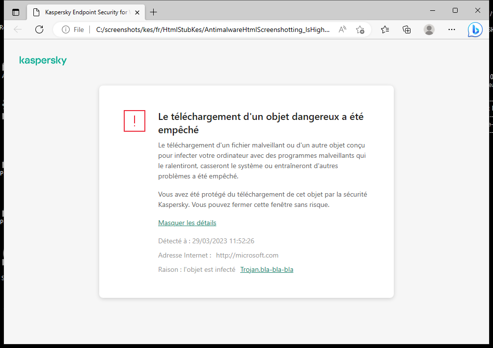 Notification de Kaspersky concernant la prévention du chargement d'un objet malveillant dans la fenêtre du navigateur.
