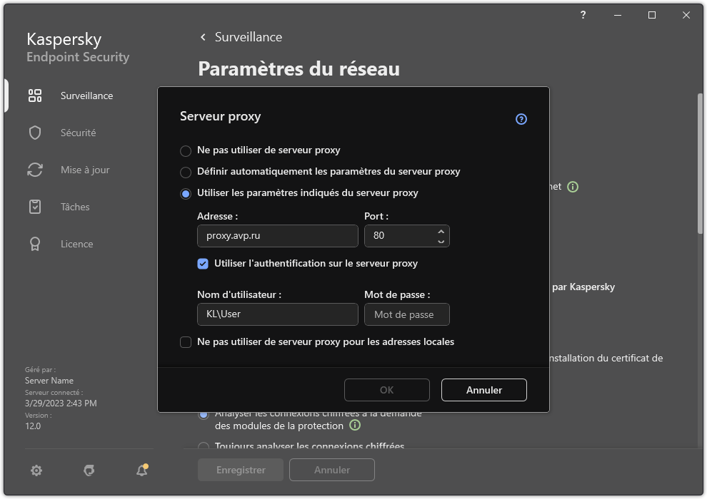 La fenêtre de configuration de la connexion au serveur proxy. L'utilisateur peut définir l'adresse du serveur proxy et les identifiants pour se connecter au serveur proxy.