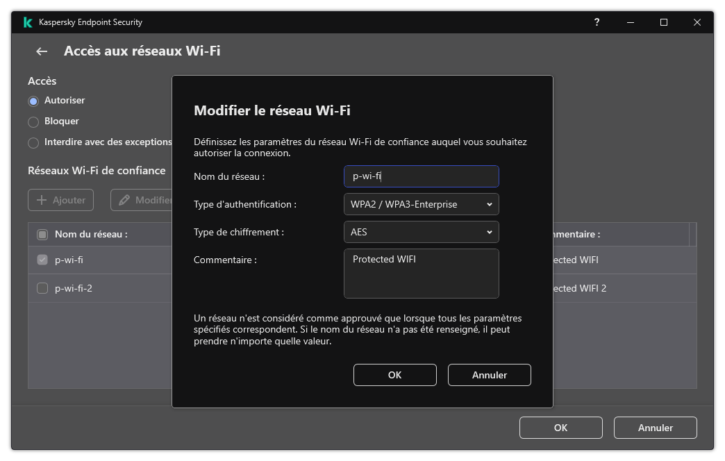 La fenêtre contient les paramètres du réseau Wi-Fi de confiance.
