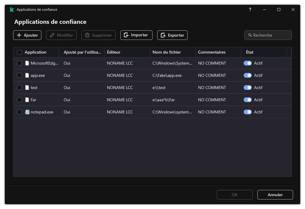Une fenêtre avec la liste des applications de confiance. L'utilisateur peut ajouter, modifier ou supprimer une application de confiance.
