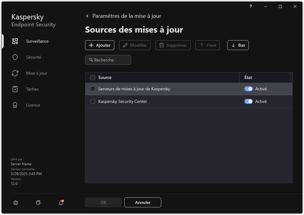 Une fenêtre avec la liste des sources de mises à jour. L'utilisateur peut ajouter des sources de mises à jour et attribuer une priorité à la source.
