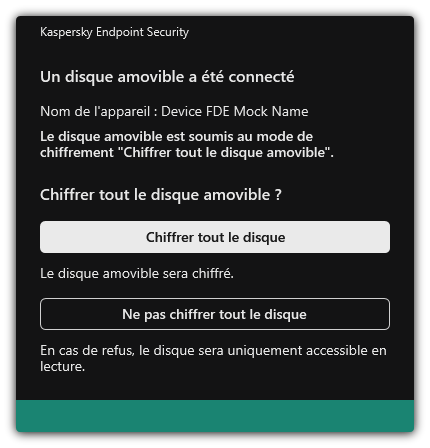 Notification concernant un disque connecté dont le chiffrement des fichiers est activé. L'utilisateur peut chiffrer des fichiers ou refuser.