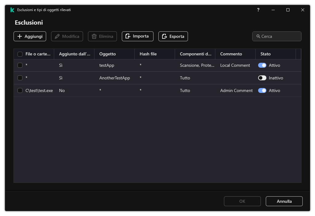 Una finestra con l'elenco delle esclusioni. Vengono visualizzate le proprietà di esclusione. L'utente può aggiungere, modificare o eliminare le esclusioni.