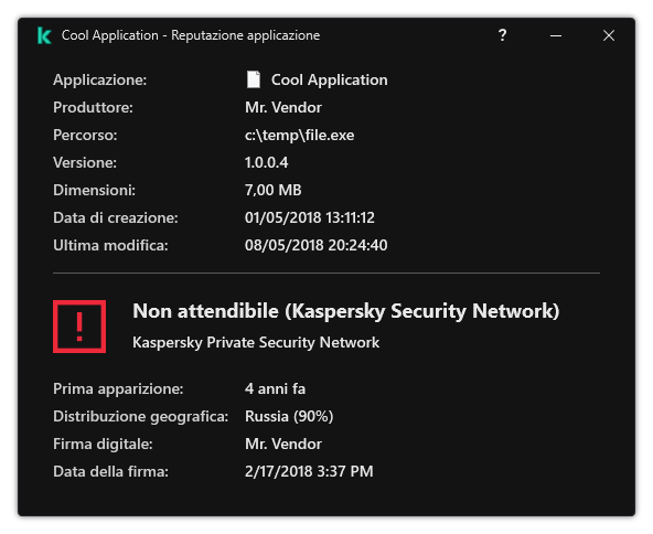 La finestra contiene informazioni sulla reputazione del file e altri dati, come la presenza di una firma digitale.