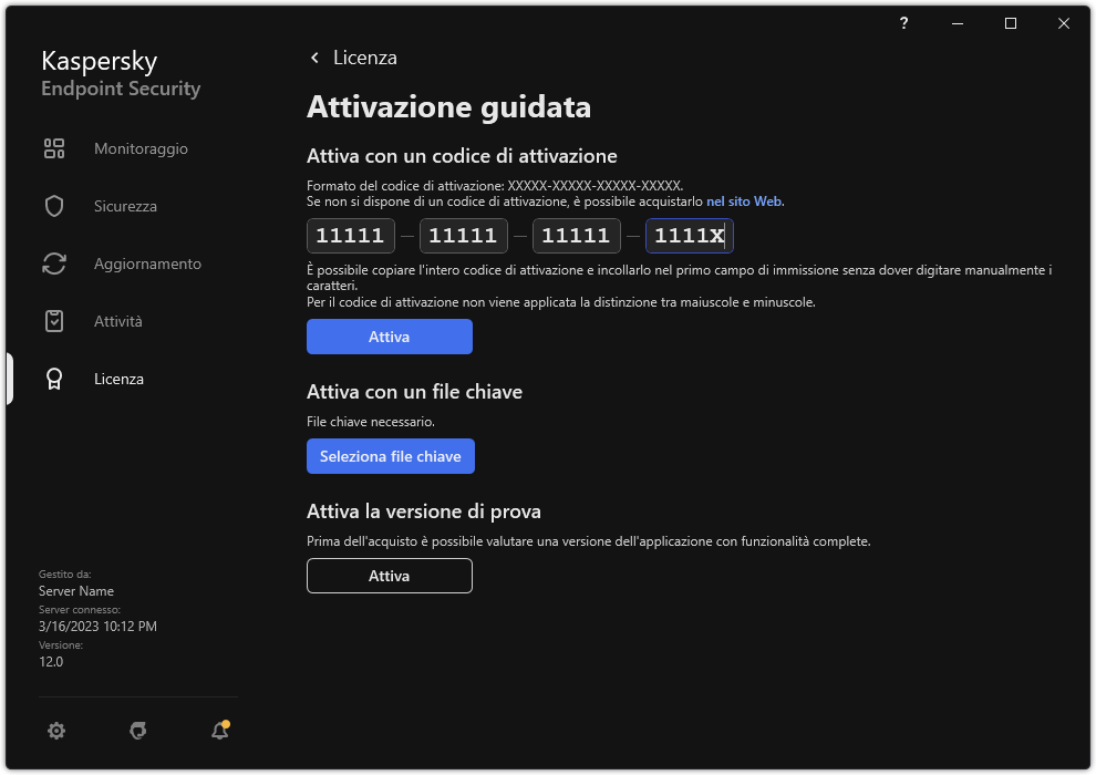 Finestra con gli strumenti di attivazione dell'applicazione. L'utente può immettere un codice di attivazione o selezionare un file chiave.