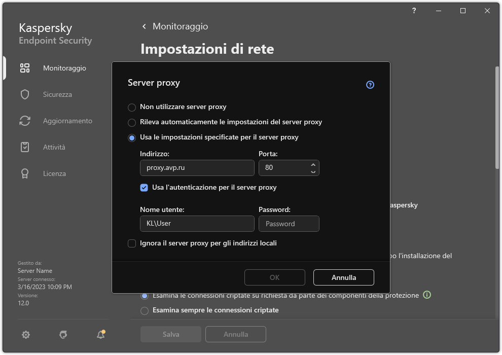 La finestra per la configurazione della connessione al server proxy. L'utente può impostare l'indirizzo del server proxy e le credenziali per la connessione al server proxy.