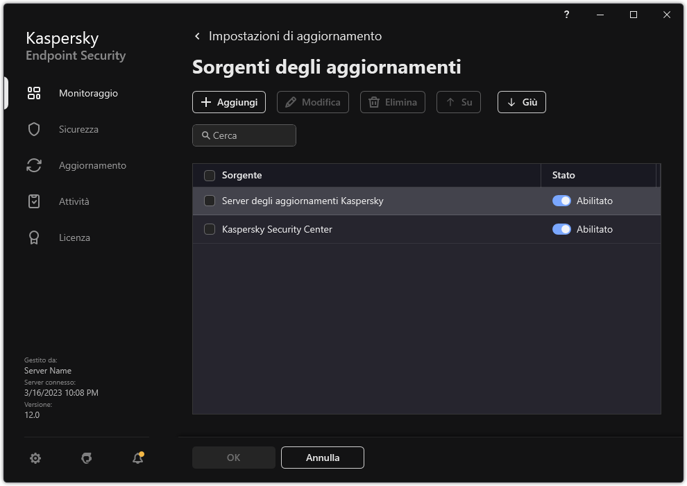 Una finestra con l'elenco delle sorgenti degli aggiornamenti. L'utente può aggiungere sorgenti degli aggiornamenti e assegnare una priorità alla sorgente.