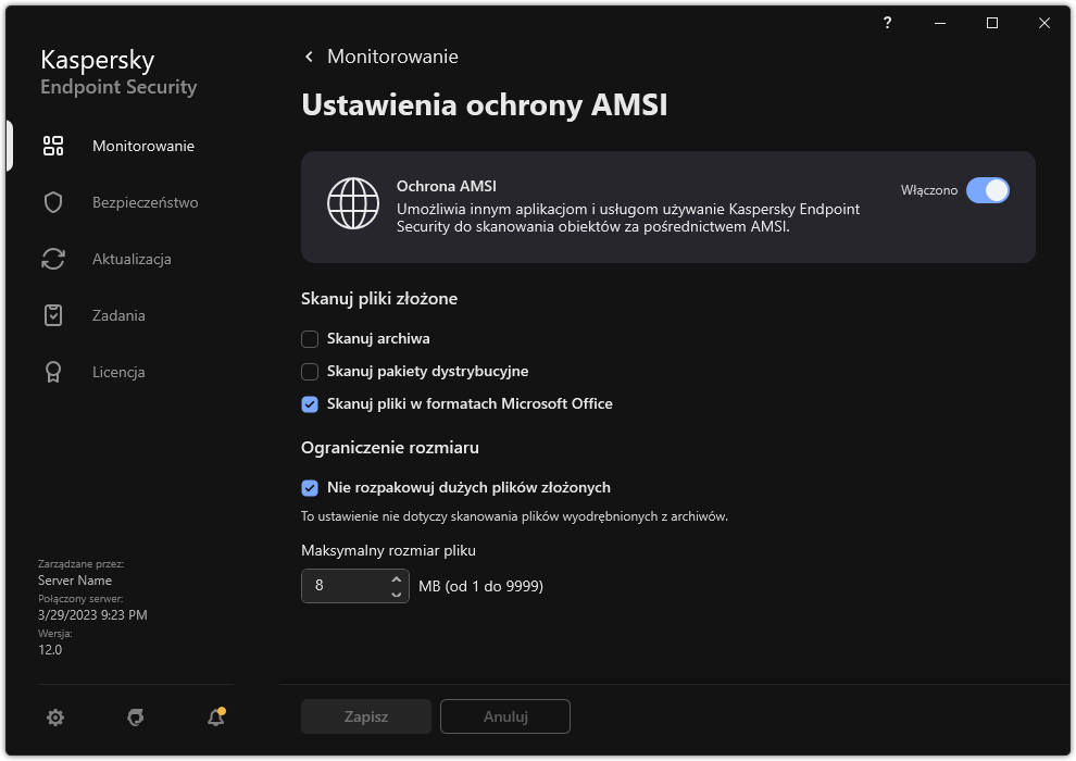 Okno Ustawienia ochrony AMSI.
