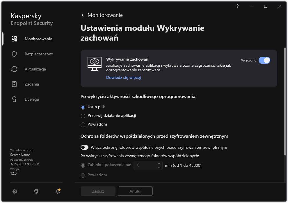 Okno Ustawienia modułu Wykrywanie zachowań.