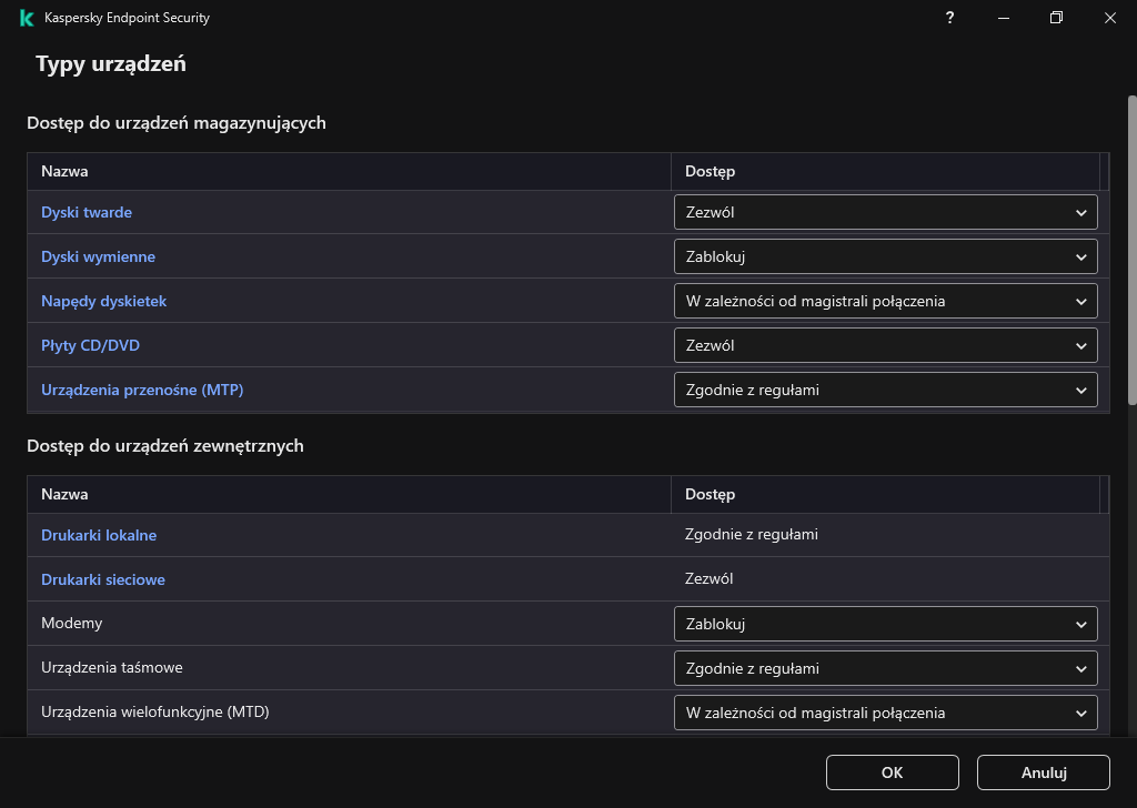 Okno konfiguracji dostępu do urządzeń. Użytkownik może skonfigurować dostęp do urządzeń oraz ustawić dodatkowe parametry dostępu, takie jak terminarz dostępu.