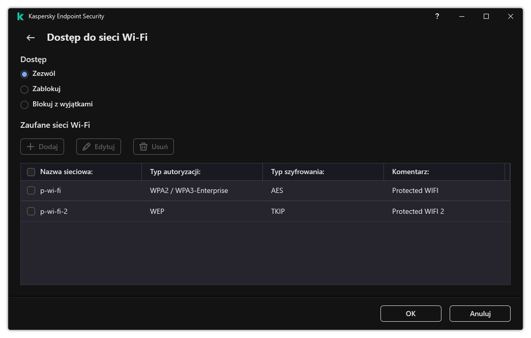 Okno z listą sieci Wi-Fi. Użytkownik może skonfigurować dostęp do wszystkich sieci Wi-Fi oraz dodać zaufane sieci Wi-Fi.