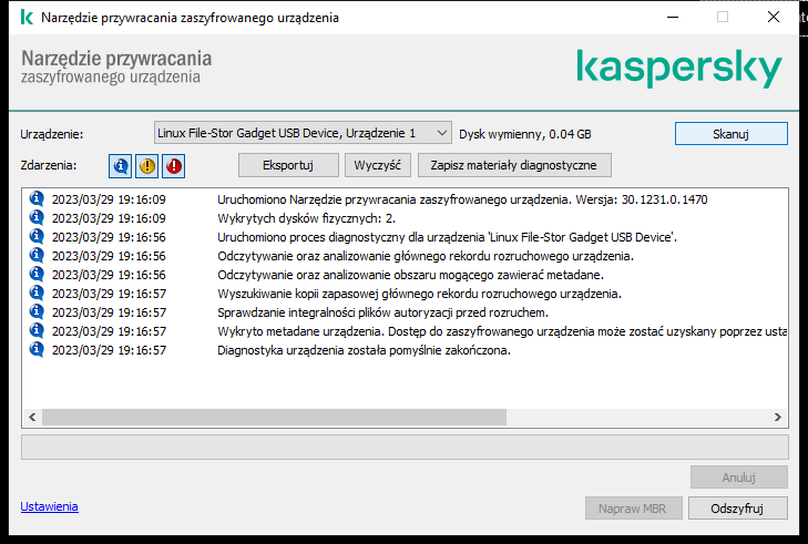 Okno z listą zdarzeń użytkowych. Użytkownik może uruchomić diagnostykę i odszyfrować wybrane urządzenie.