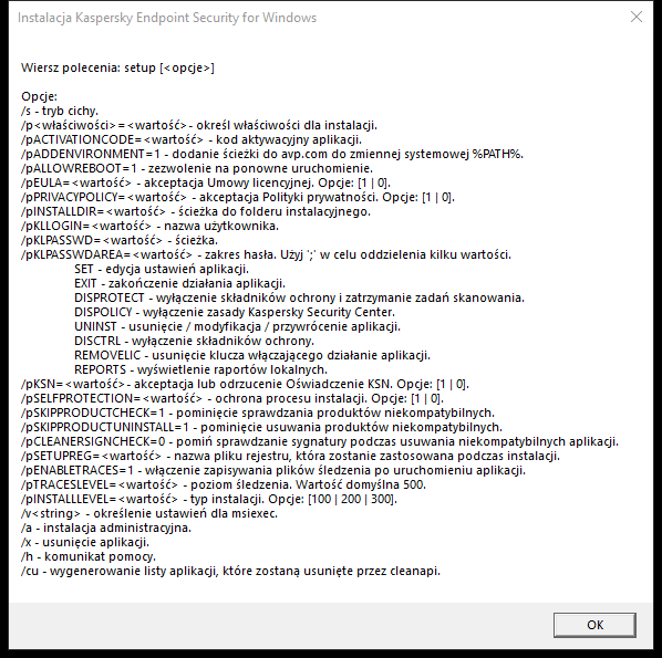 Okno podpowiedzi opisujące opcje poleceń umożliwiające instalację aplikacji za pomocą wiersza poleceń.