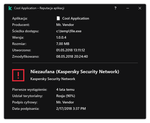 Okno zawiera informacje o reputacji pliku oraz inne dane, takie jak obecność podpisu cyfrowego.