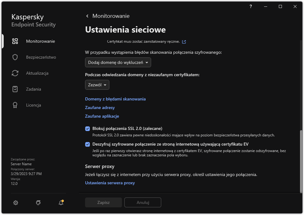 Okno ustawień sieciowych aplikacji.