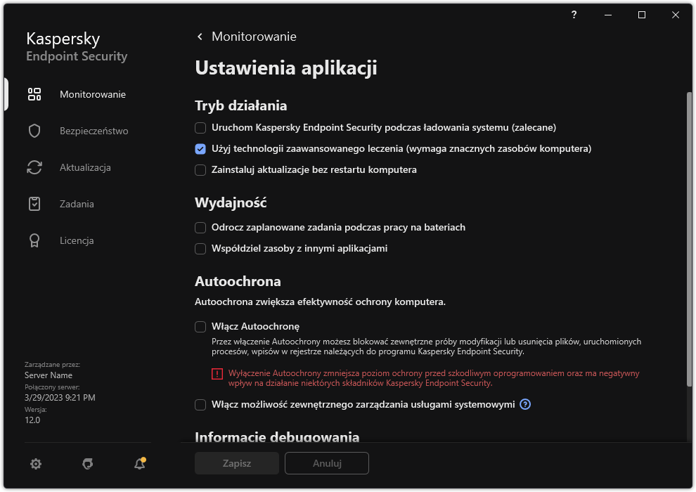 Okno ustawień aplikacji. Użytkownik może skonfigurować wydajność, autoochronę i inne ustawienia.