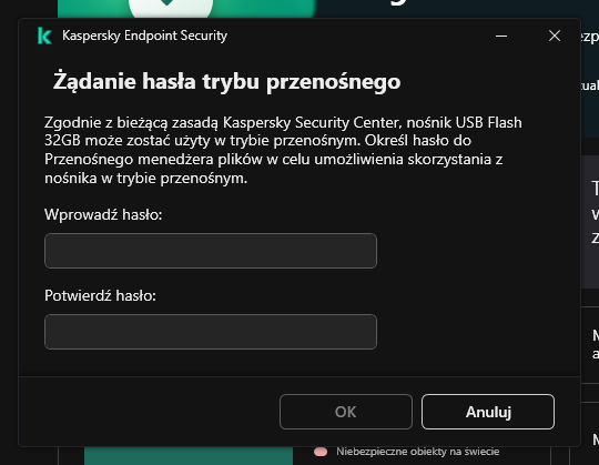 Okno zawiera pola do wpisania i potwierdzenia hasła.