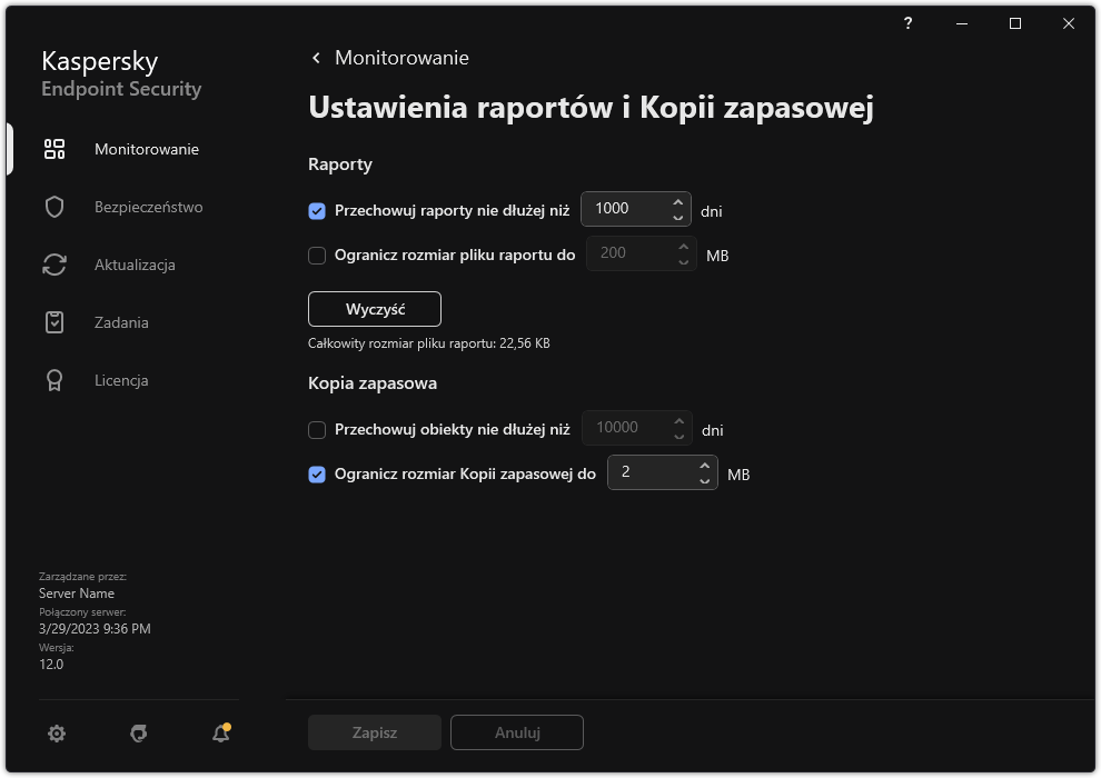 Okno ustawień Raportów i Kopii zapasowej. Użytkownik może ustawić rozmiar i ograniczyć czas przechowywania raportów i obiektów w repozytorium.