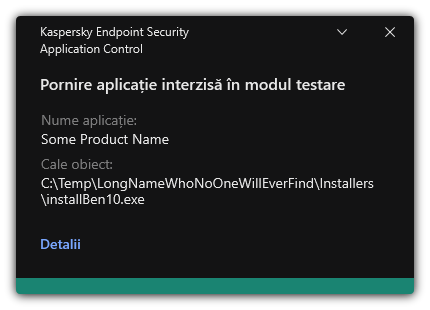 Notificare că pornirea aplicației este interzisă în modul de testare. Utilizatorul poate vizualiza informații detaliate despre regulă.