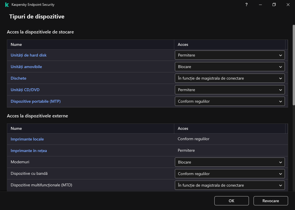Fereastra pentru configurarea accesului la dispozitive. Utilizatorul poate configura accesul la dispozitive și poate seta parametri de acces suplimentari, cum ar fi planificarea accesului.