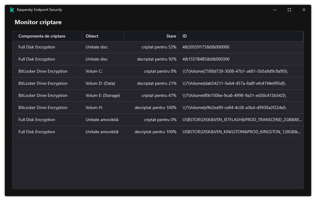 O fereastră cu lista de unități, pe care se execută criptarea. Sunt afișate tehnologia de criptare, starea și ID-ul unității.