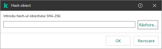 O fereastră cu un câmp pentru introducerea sumei hash a obiectului. Utilizatorul poate selecta un obiect folosind managerul de fișiere.
