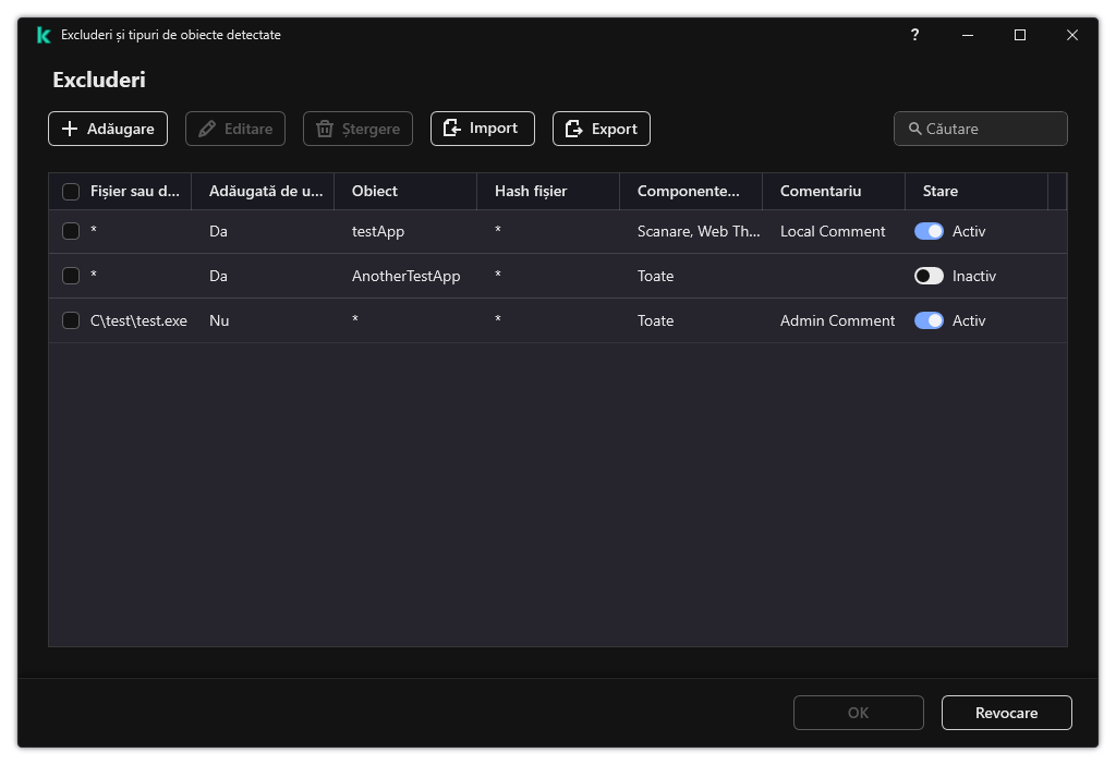 O fereastră cu lista de excluderi. Sunt afișate proprietățile excluderii. Utilizatorul poate adăuga, edita sau șterge excluderi.