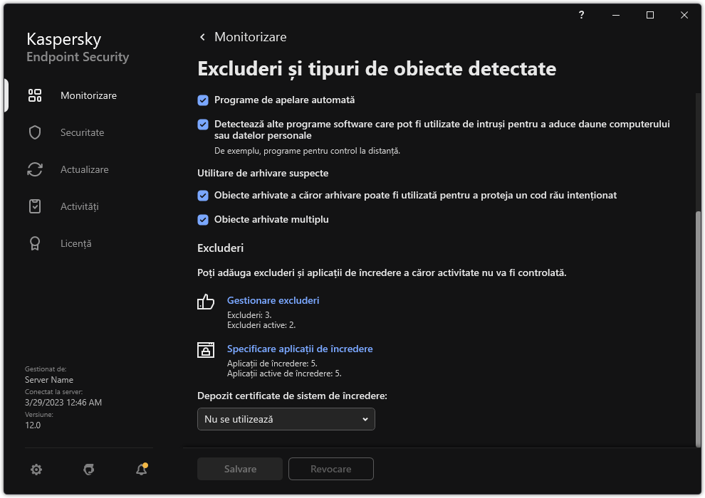 Fereastra cu setările excluderilor. Utilizatorul poate adăuga excluderi și aplicații de încredere.