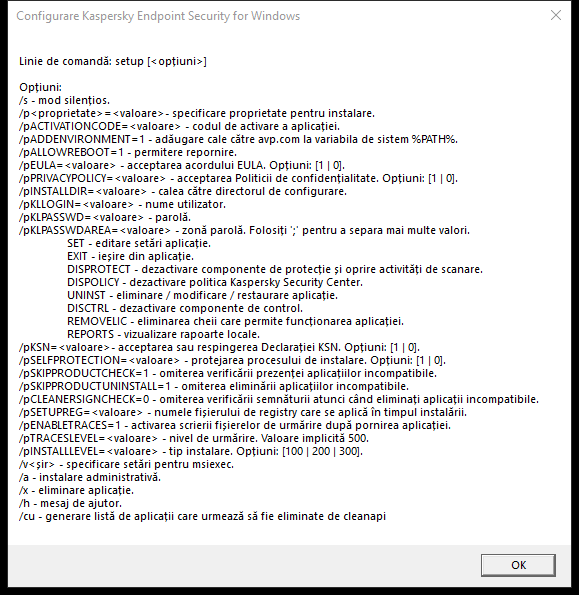 Fereastra Sfat ecran care descrie opțiunile de comandă pentru instalarea aplicației prin CMD.